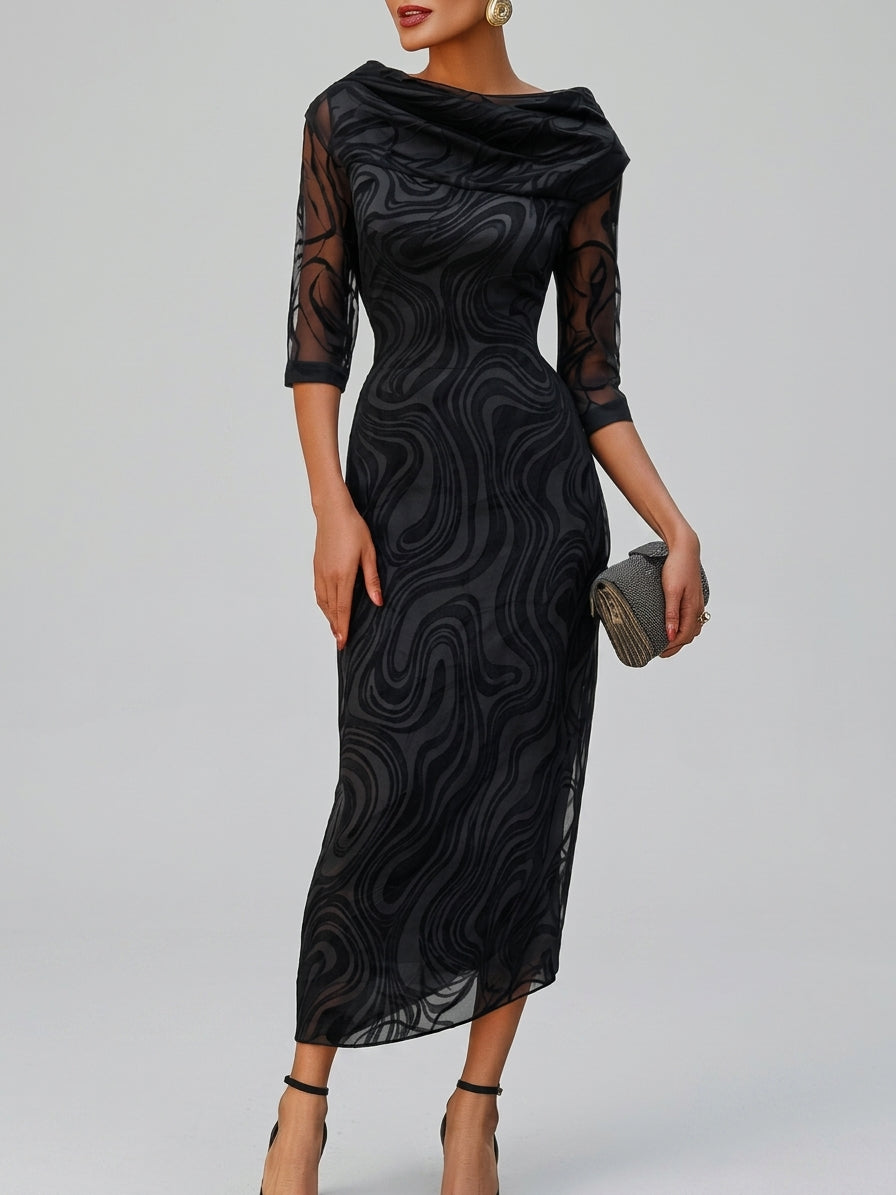 Reina - Women's Cowl-Neck Half-Sleeve Patterned Evening Dress