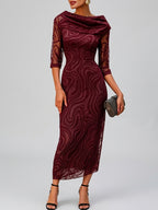 Reina - Women's Cowl-Neck Half-Sleeve Patterned Evening Dress