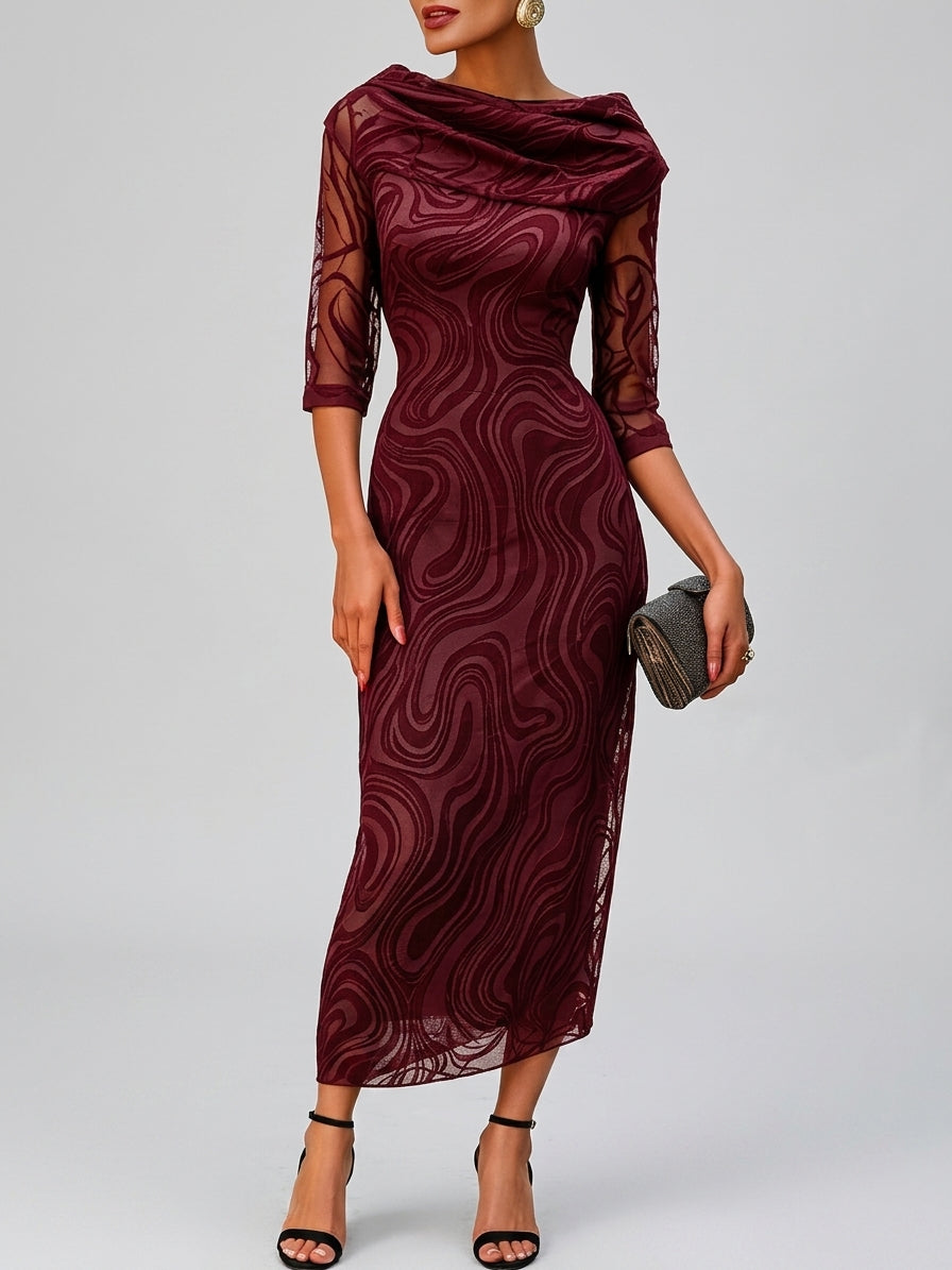 Reina - Women's Cowl-Neck Half-Sleeve Patterned Evening Dress