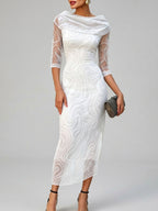 Reina - Women's Cowl-Neck Half-Sleeve Patterned Evening Dress