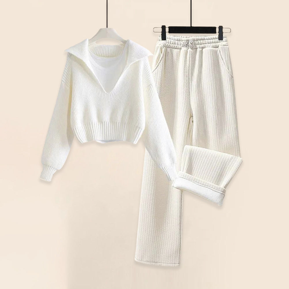 Saylor - Women's Comfy Layered Crop Sweater & Ribbed Pants Set