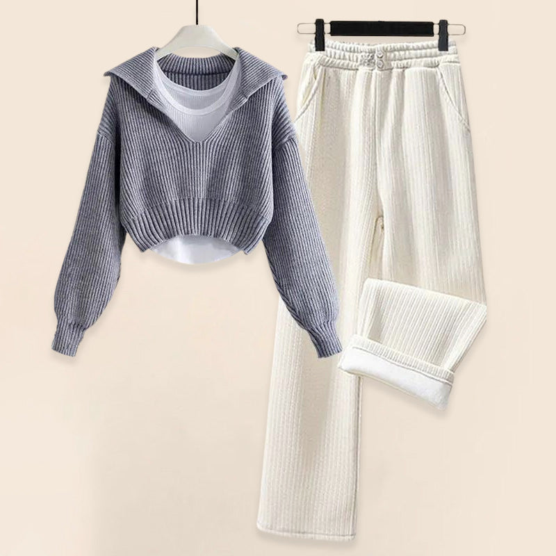 Saylor - Women's Comfy Layered Crop Sweater & Ribbed Pants Set