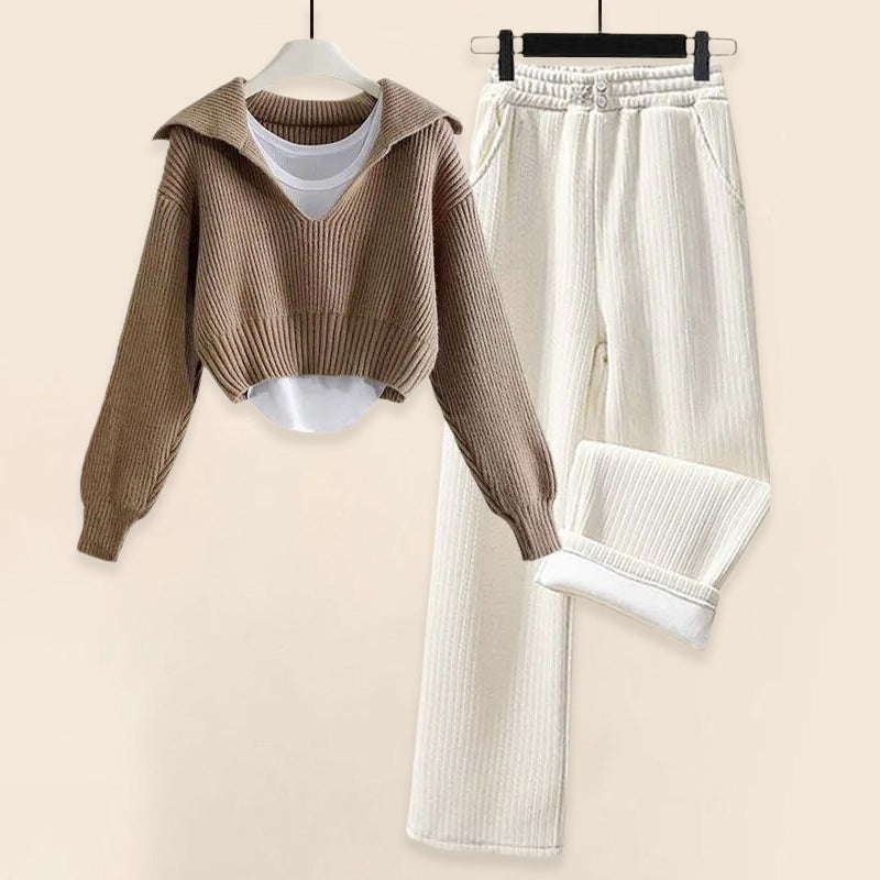 Saylor - Women's Comfy Layered Crop Sweater & Ribbed Pants Set