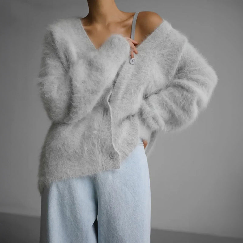 Scarlett - Women's Fuzzy V-Neck Knit Cardigan