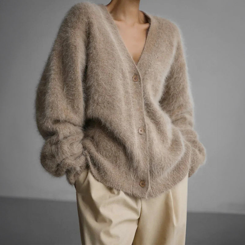 Scarlett - Women's Fuzzy V-Neck Knit Cardigan
