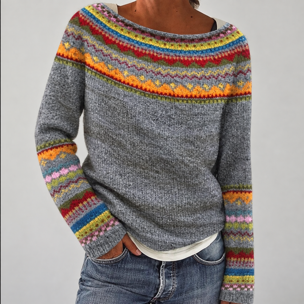 Sienna - Women's Merino Wool Pullover with Multicolor Fair Isle Stripe
