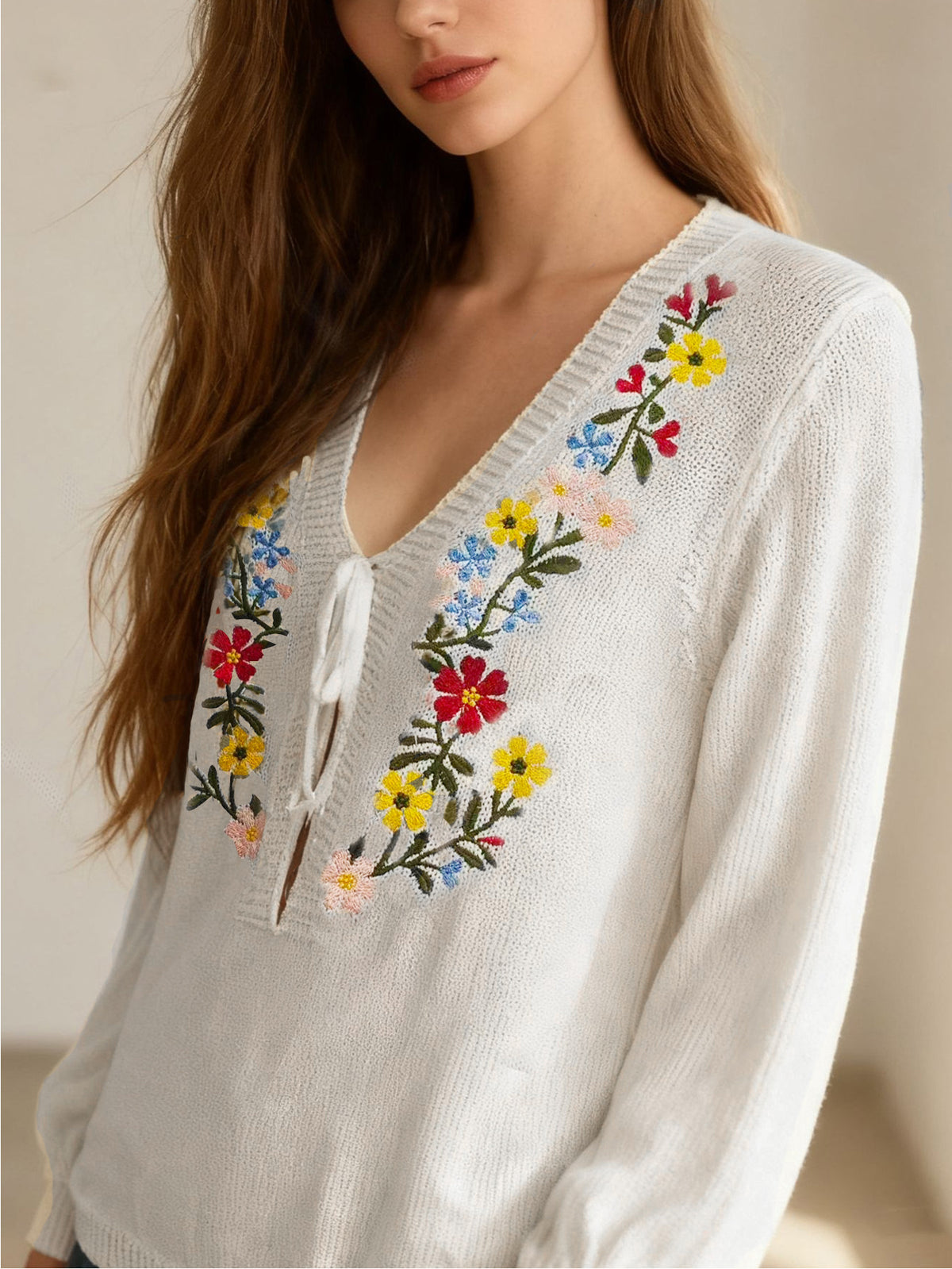 Veronica - Women’s Boho Floral Embroidered Sweater