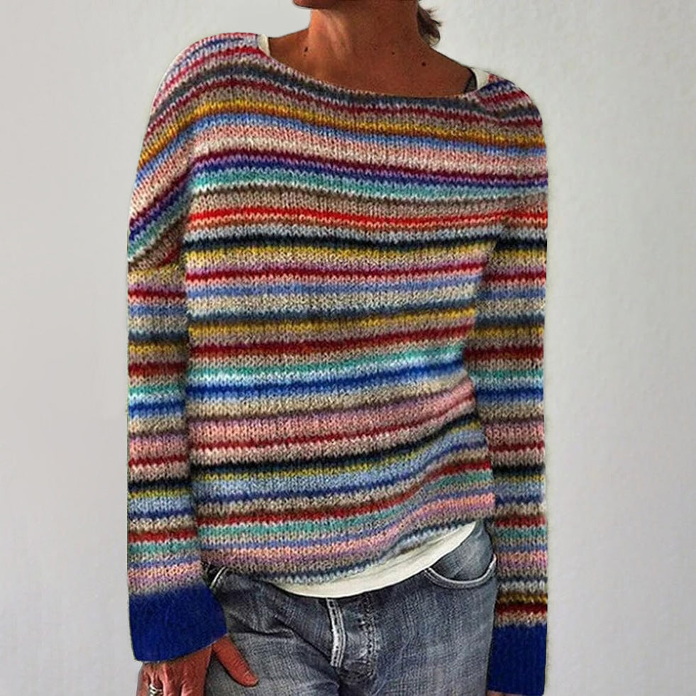 Violet - Women's Multicolor Striped Knit Sweater with Patterned Yoke