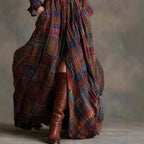 Wren - Women's Boho Plaid Long-Sleeve Button-Front Maxi Dress