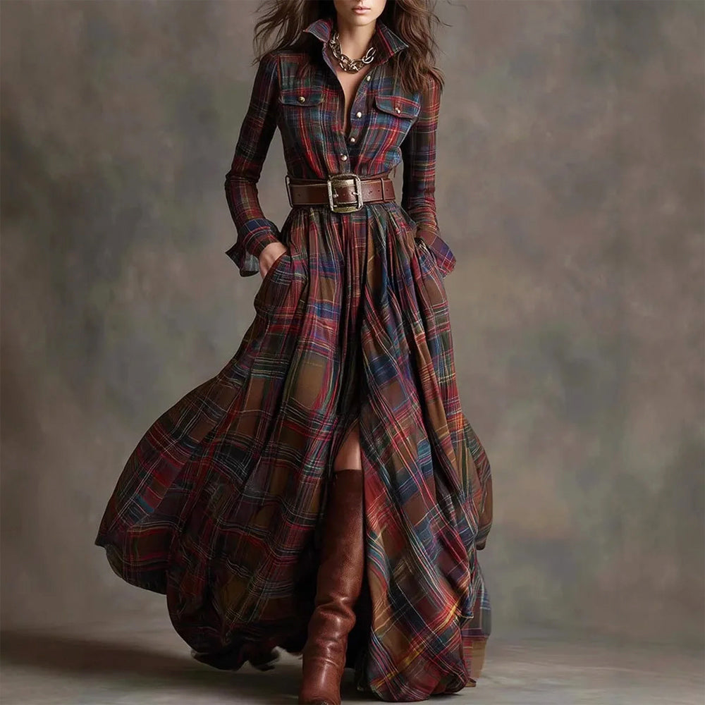Wren - Women's Boho Plaid Long-Sleeve Button-Front Maxi Dress
