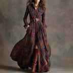 Wren - Women's Boho Plaid Long-Sleeve Button-Front Maxi Dress