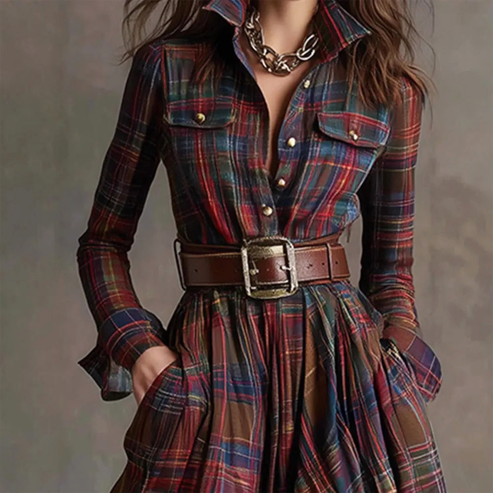 Wren - Women's Boho Plaid Long-Sleeve Button-Front Maxi Dress