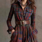 Wren - Women's Boho Plaid Long-Sleeve Button-Front Maxi Dress