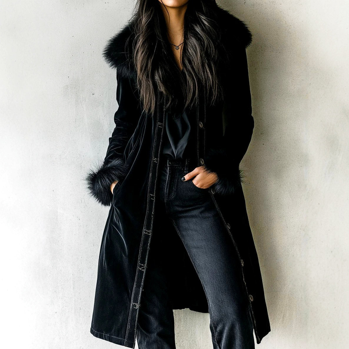 Yveth - Women's Button-Front Coat with Faux Fur Collar and Cuffs