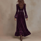 Yveth - Women's Velvet Lace Trim Long Sleeve Dress