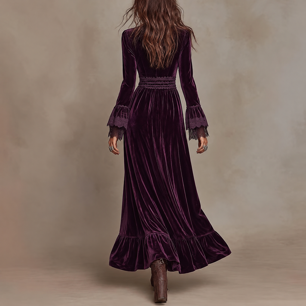 Yveth - Women's Velvet Lace Trim Long Sleeve Dress
