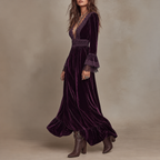 Yveth - Women's Velvet Lace Trim Long Sleeve Dress