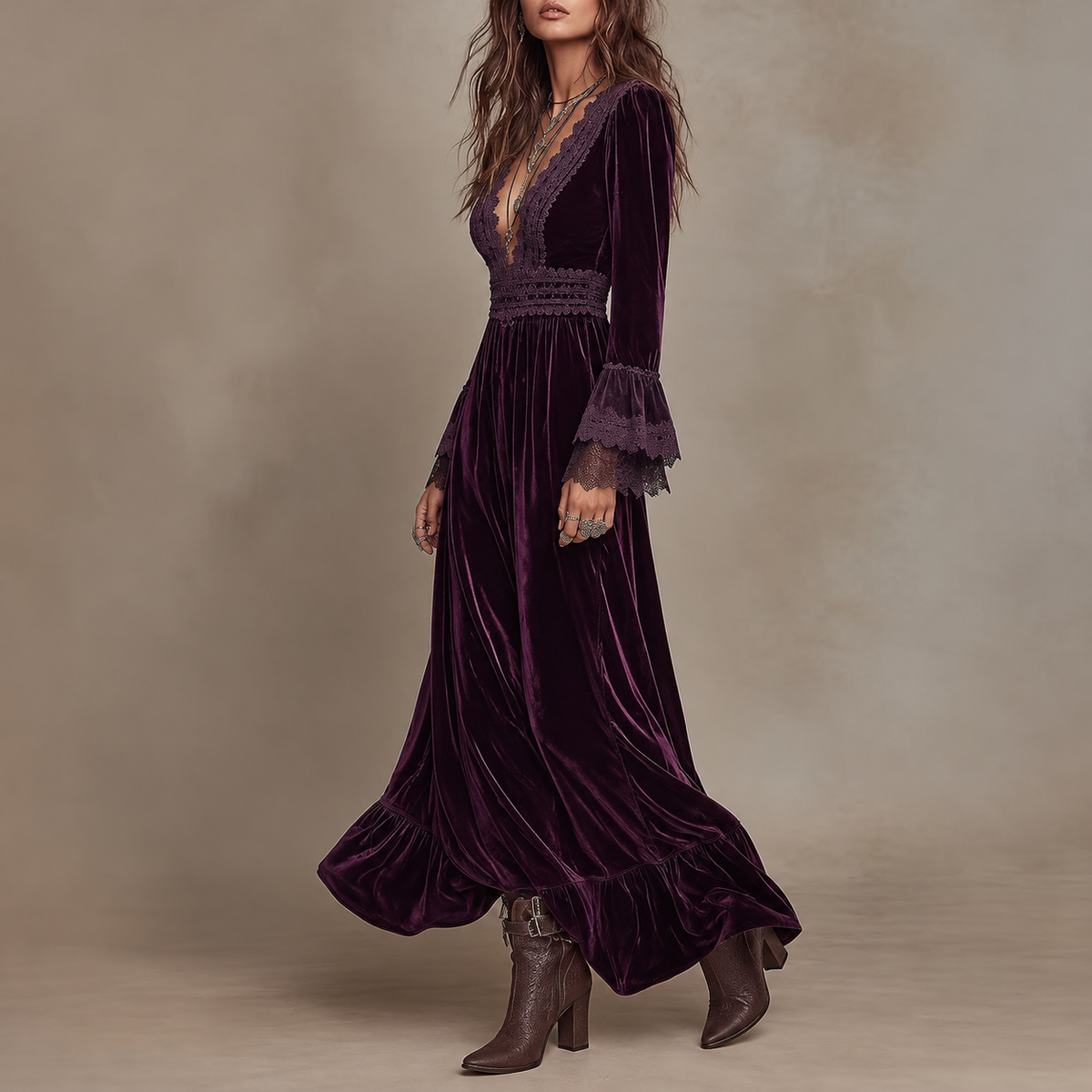 Yveth - Women's Velvet Lace Trim Long Sleeve Dress