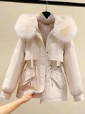 Abigail - Women's Drawstring Waist Faux Fur Hooded Parka Jacket