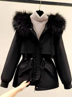 Abigail - Women's Drawstring Waist Faux Fur Hooded Parka Jacket