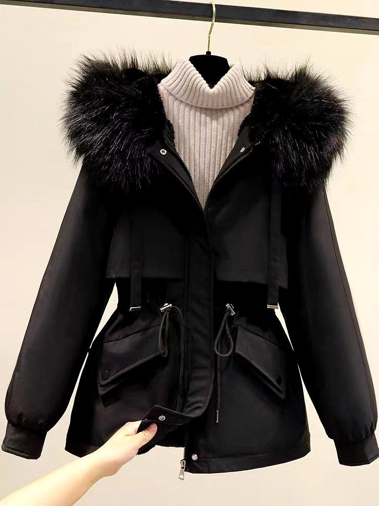 Abigail - Women's Drawstring Waist Faux Fur Hooded Parka Jacket
