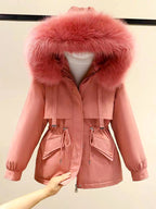 Abigail - Women's Drawstring Waist Faux Fur Hooded Parka Jacket