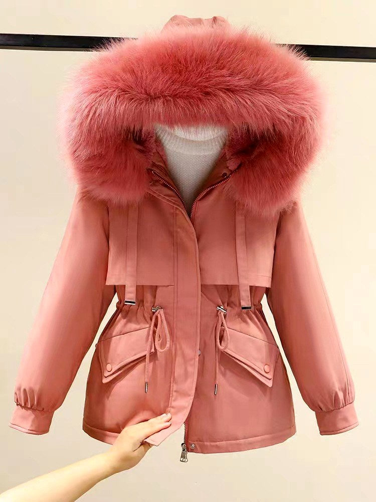 Abigail - Women's Drawstring Waist Faux Fur Hooded Parka Jacket