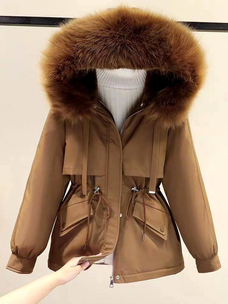 Abigail - Women's Drawstring Waist Faux Fur Hooded Parka Jacket