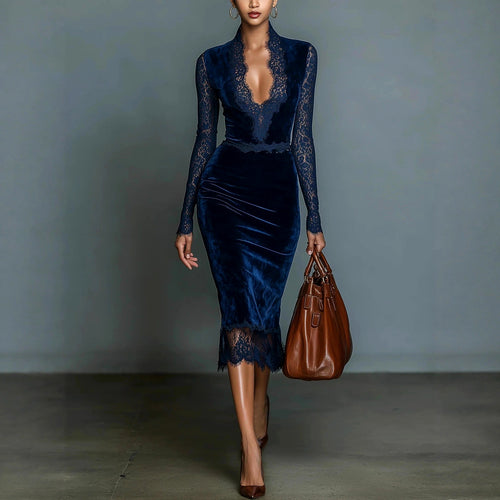 Adelle - Women's Velvet V-Neck Bodycon Midi Dress 1