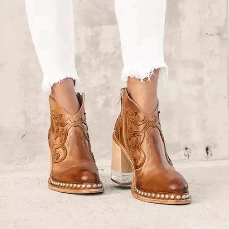 Aiza - Women's Embroidered Studded Ankle Boots