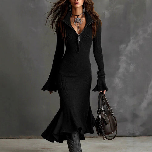 Aja - Women's Ribbed Zip Neck Knit Midi Dress 2