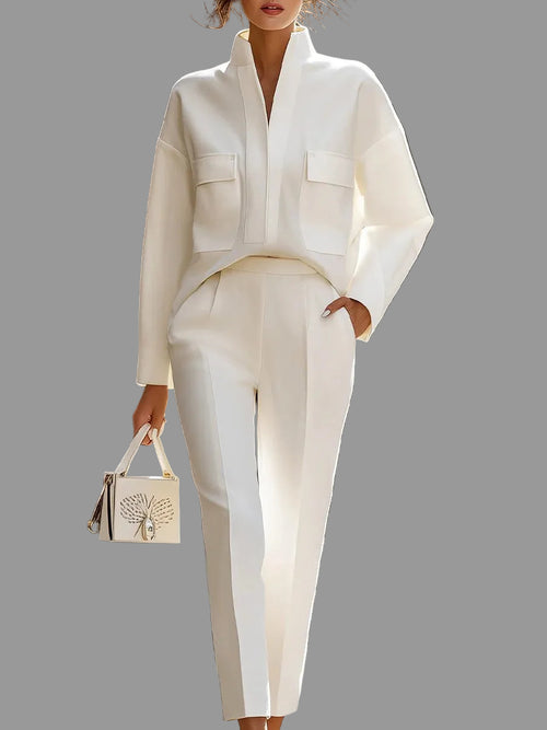 Alessia - Women's Stand Collar Pocket Detail Two-Piece Set 2