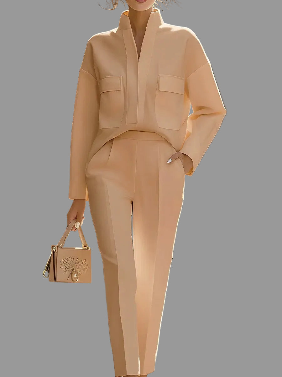 Alessia - Women's Stand Collar Pocket Detail Two-Piece Set 5