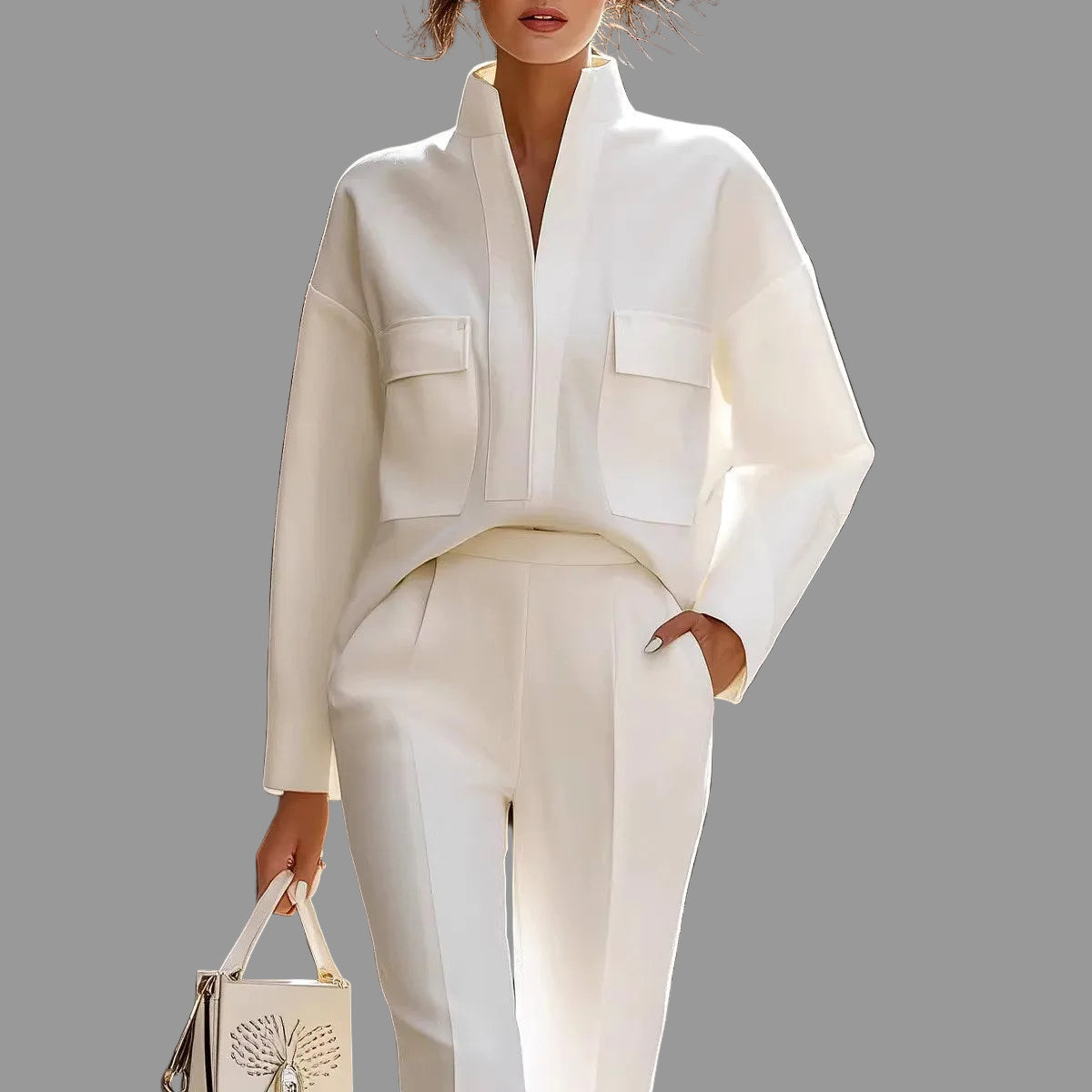 Alessia - Women's Stand Collar Pocket Detail Two-Piece Set 8