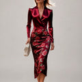Alexandra - Women's Satin Rose Print Wrap Midi Dress 1