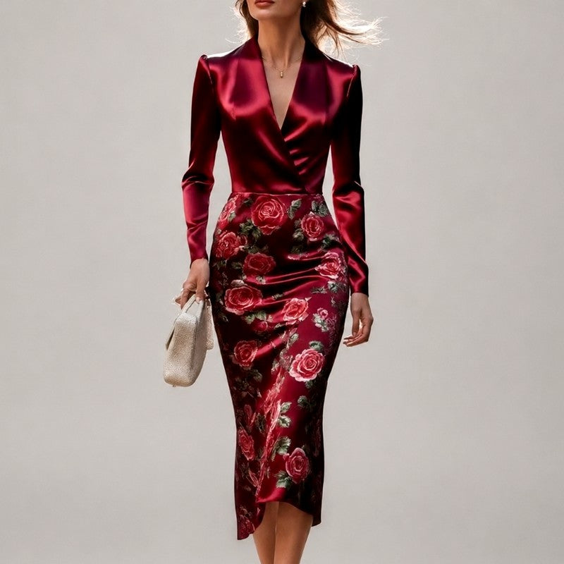 Alexandra - Women's Satin Rose Print Wrap Midi Dress 1