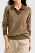 Alice - Women's Polo-Collar V-Neck Pullover with Button Cuffs