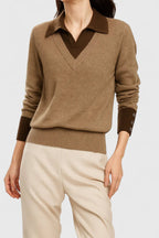 Alice - Women's Polo-Collar V-Neck Pullover with Button Cuffs