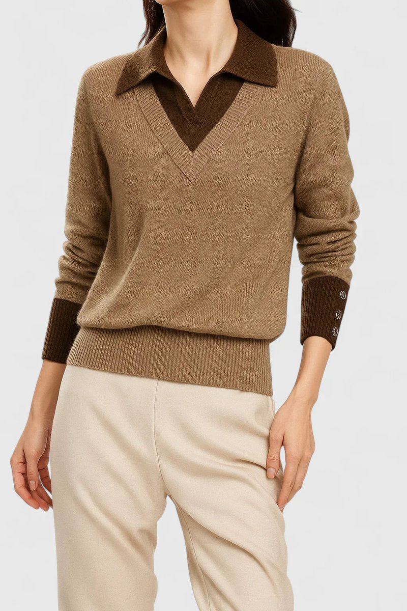 Alice - Women's Polo-Collar V-Neck Pullover with Button Cuffs
