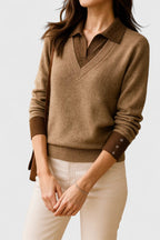 Alice - Women's Polo-Collar V-Neck Pullover with Button Cuffs