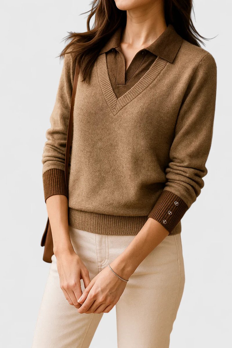 Alice - Women's Polo-Collar V-Neck Pullover with Button Cuffs