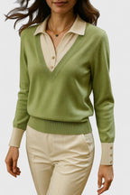 Alice - Women's Polo-Collar V-Neck Pullover with Button Cuffs