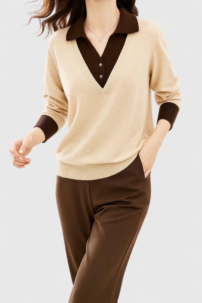 Alice - Women's Polo-Collar V-Neck Pullover with Button Cuffs