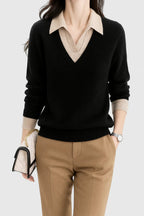 Alice - Women's Polo-Collar V-Neck Pullover with Button Cuffs