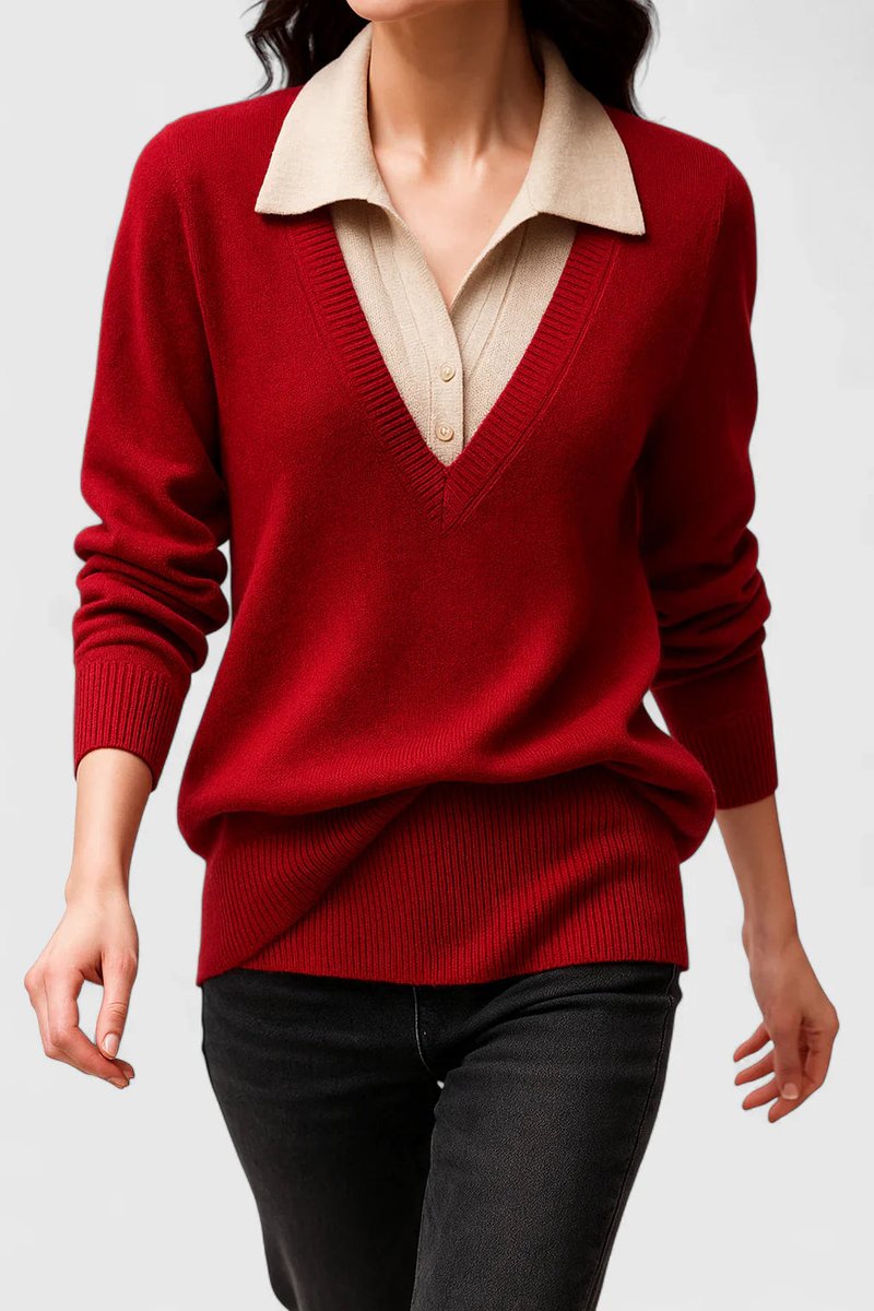 Alice - Women's Polo-Collar V-Neck Pullover with Button Cuffs