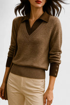 Alice - Women's Polo-Collar V-Neck Pullover with Button Cuffs