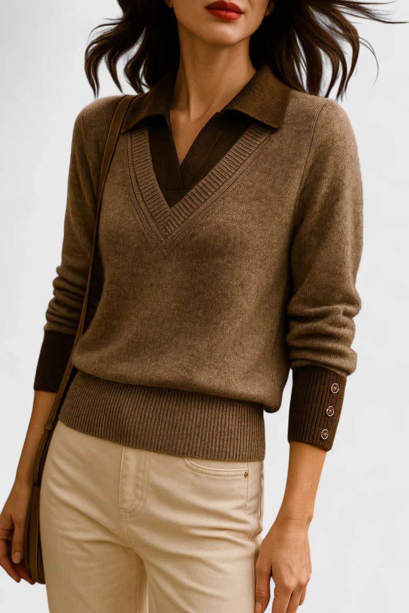 Alice - Women's Polo-Collar V-Neck Pullover with Button Cuffs
