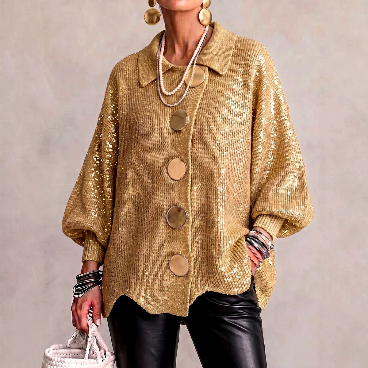 Alycia - Women's Sequin Collared Oversized Party Cardigan 1