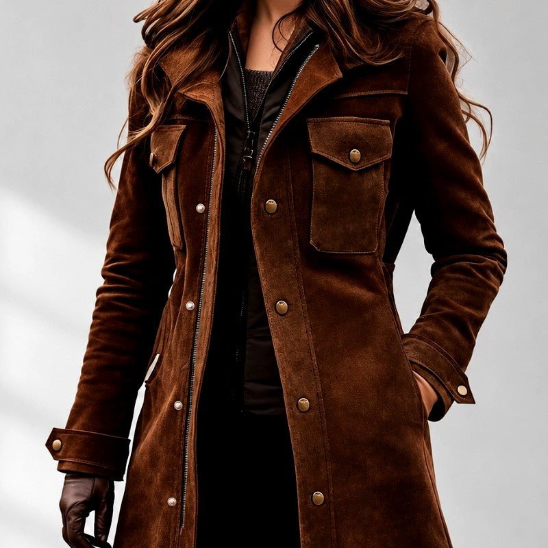 Alyssa - Women's Suede Longline Jacket with Multiple Pockets 2