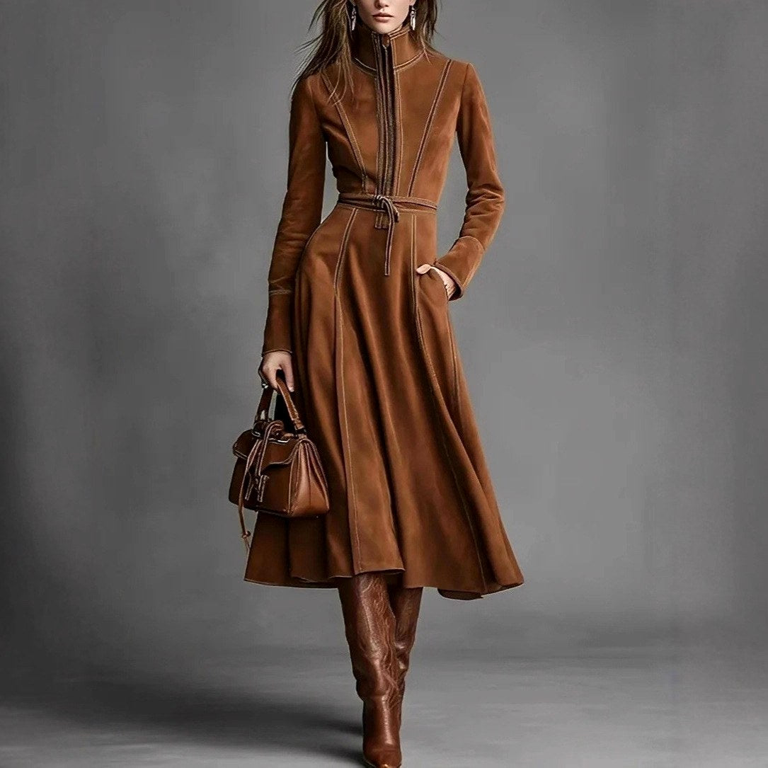 Amelie - Women's Faux Suede High Neck Long Sleeve Dress 1